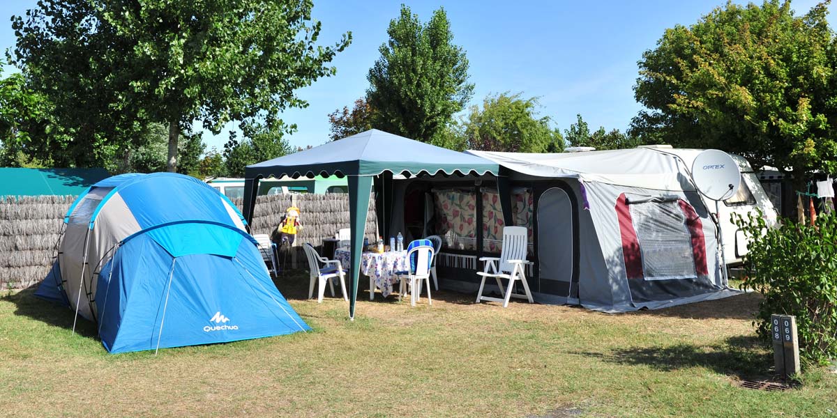 Tents on a large camping pitch in Saint-Hilaire-de-Riez