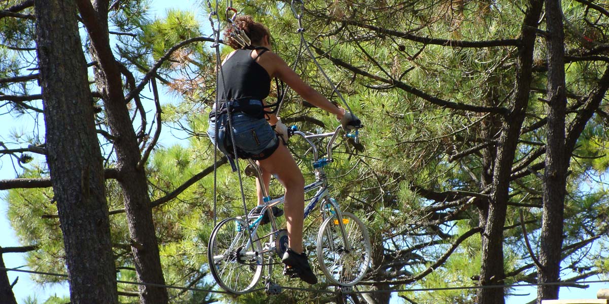 In den Ästen aufgehängtes Fahrrad auf einem Baumkletterparcours in der Vendée
