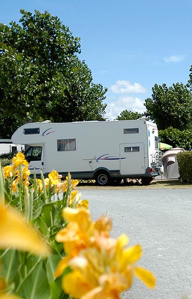 Motorhome and flowers in the campsite park near Saint-Gilles-Croix-de-Vie