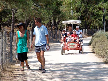 Chemin de sable vers le bord de mer avec promeneurs et rosalie près du camping