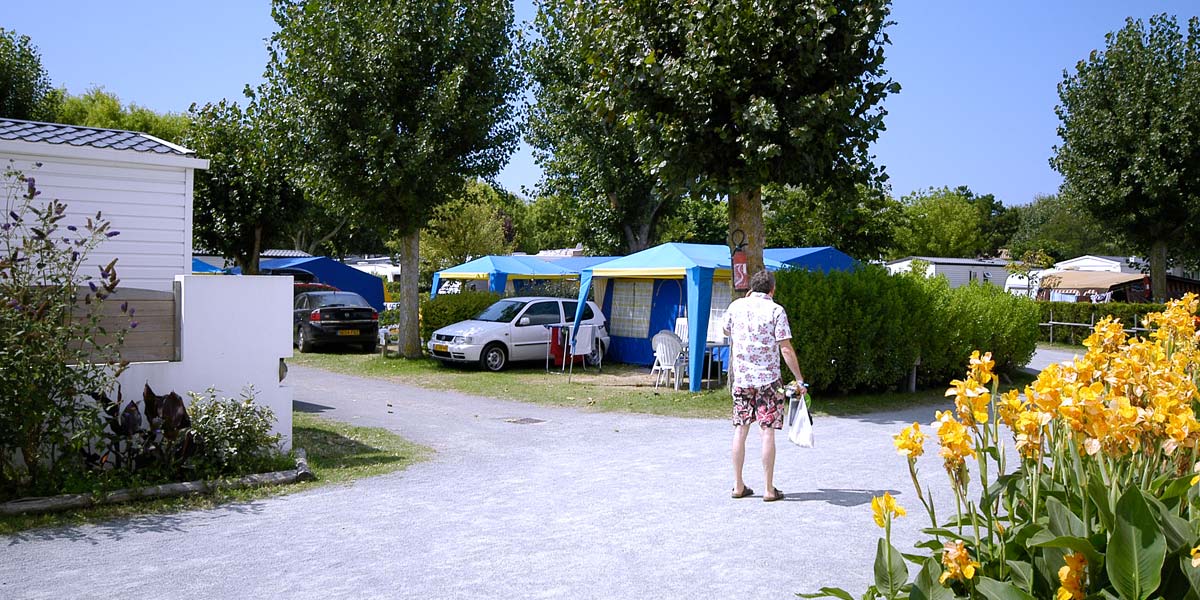 Allée fleurie au sein du parc du camping en Vendée Les Écureuils location de mobil-home